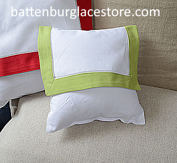 Envelope Pillow.Baby size 8 in. White with MACAW GREEN Trim.